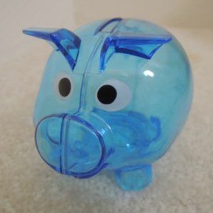 Piggy Bank Blue Transparent Plastic Pig - Coin Insert and Stopper - Bank Promo